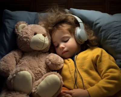 Kind schläft ohne Schnuller ein mit Teddy und Hörbuch