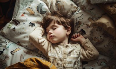 Kind ist ohne Schnuller in einem Bodenbett eingeschlafen