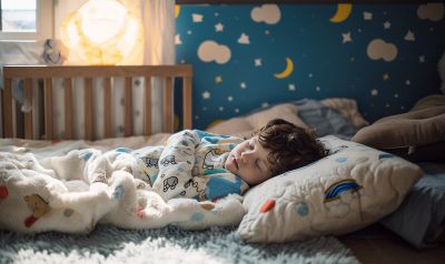 Kind schläft ohne Schnuller in einem Bodenbett