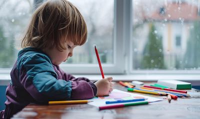 kind malt bei regen am küchentisch