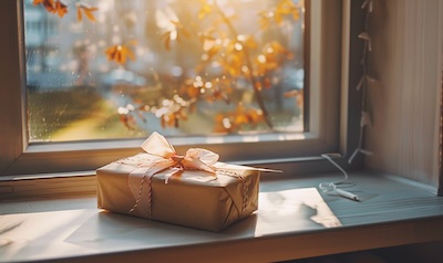 Brief und kleines Geschenk der Schnullerfee am Morgen auf der Fensterbank