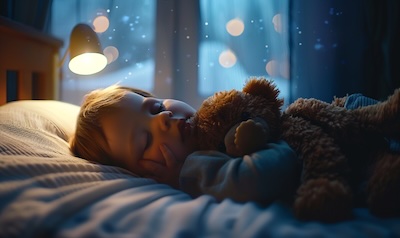 Kind schläft friedlich mit Teddy, der Schnuller liegt auf der Fensterbank