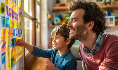 Kind klebt stolz einen Sticker auf den Belohnungsplan beim Daumenlutschen abgewöhnen