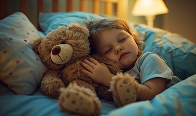 Kleinkind schläft ohne Schnuller mit Teddybär
