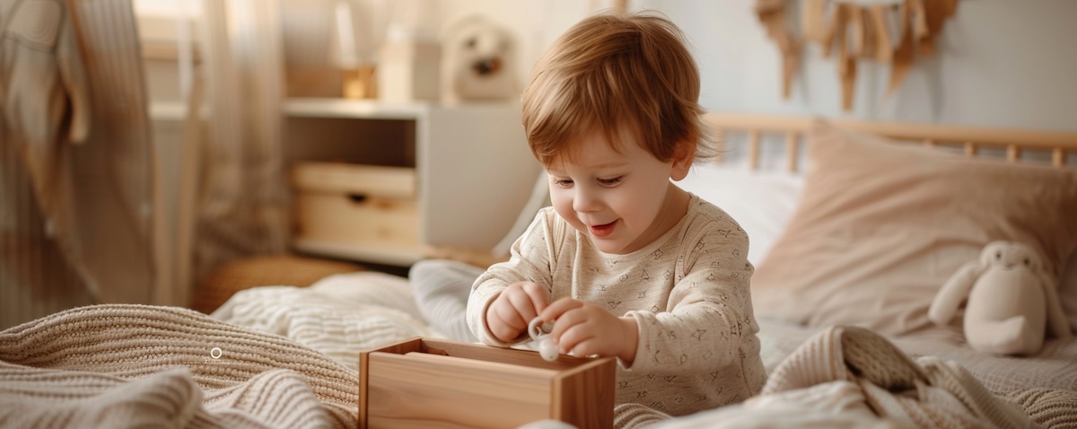 Kleinkind legt seinen Schnuller in eine kleine Holzkiste