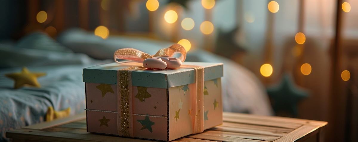 Selbstgemachte Schnullerfee-Box mit Schnuller und Sternenstaub auf dem Nachttisch