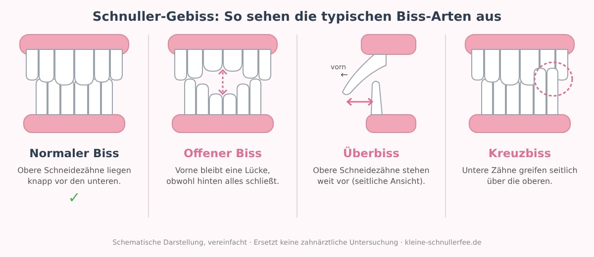 Schematische Darstellung: normaler Biss, offener Biss, Überbiss und Kreuzbiss durch den Schnuller im Vergleich